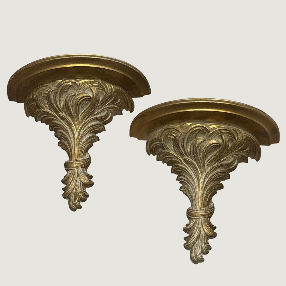 Vintage Gold Acanthus Leaf Wall Sconce Shelves Pair Ornate Scroll Corbels